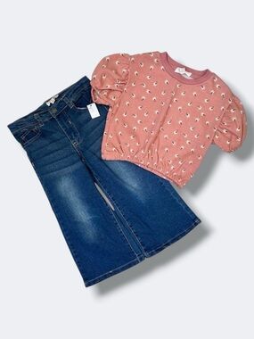 Jessica Simpson Outfit Set Girls 4 Pink Floral Puff Sleeve Top Wide Leg Jeans